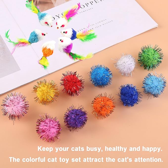 38pcs Multi-Sensory Cat Toys - Spiral Spring & Crinkle Balls Kit with Feather Mice, Bells + Sisal/Ping-Pong Balls - Interactive Play Bundle for Indoor Cats/Kittens (Small-Medium)