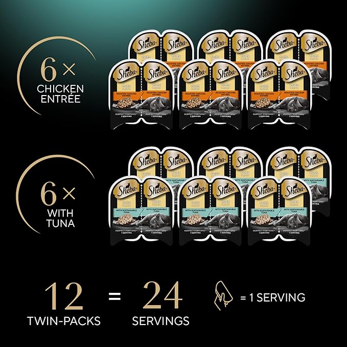 Sheba Perfect Portions Wet Cat Food Cuts in Gravy Variety Pack, Roasted Chicken Entree and with Sustainable Tuna, 2.6 oz. Twin-Pack Trays (12 Count, 24 Servings)