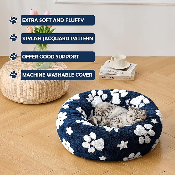 Donut Dog Beds for Small Dogs, Calming Round Cat Beds for Indoor Cats, Cute 3D Textured Paw Pet Bed with Removable Washable Cover and Anti-Slip Bottom（Navy Blue，23"）