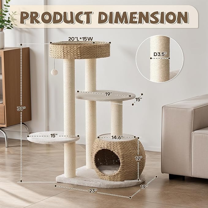 KAMABOKO Modern Cat Tree, 39" Tall Cat Trees for Indoor Cats, Cat Condo Natural Sisal with Scratching Posts, Hand-Woven Tower & Top Perch, Cat-Tree for Kittens Climb Play & Rest Black