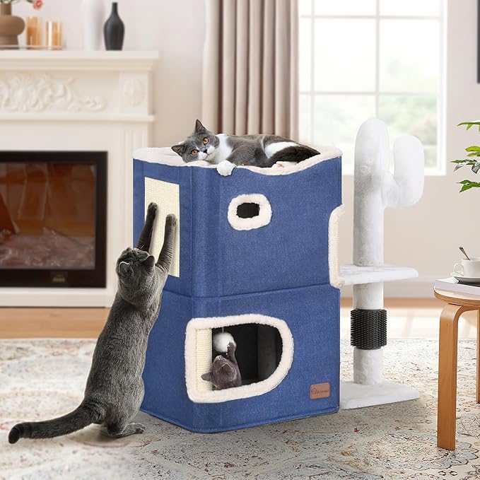 YITAHOME 2 Storey Cat House, Cat Beds for Indoor Cats, Small Cat Condo with Highway Cave, Scratch & Itching Post, Clmibing Stand, Modern Cat Cube Playhouse for Multi Kittens, Blue