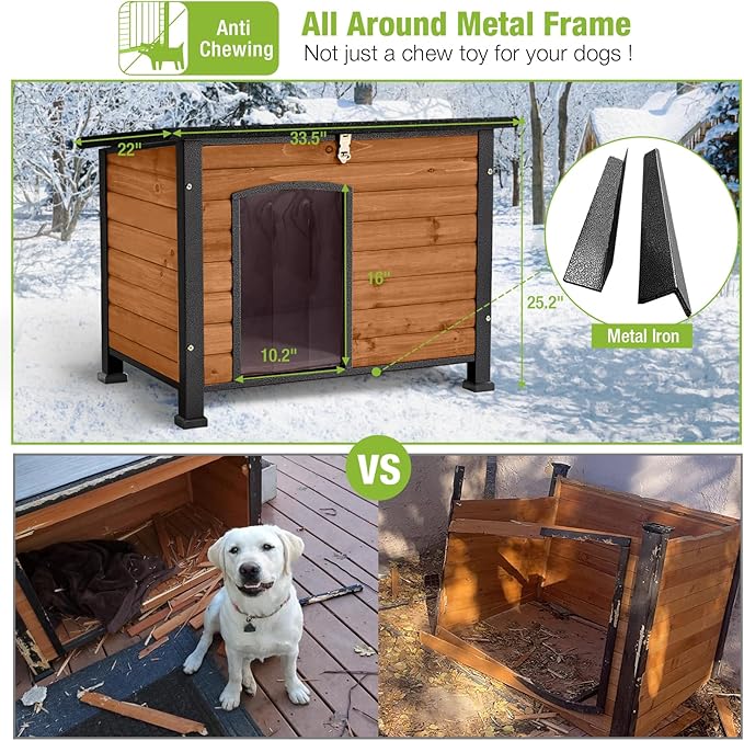 GUTINNEEN Large Insulated Dog House for Winter Outdoor Dog Kennel with Anti-Chewing Metal Frame for Small to Medium Dogs,Brown