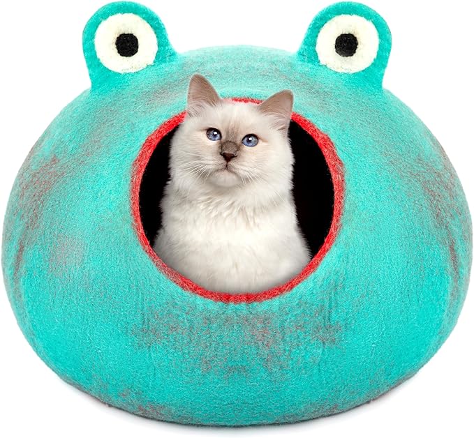 Luxurious Eco-Friendly Merino Wool Cat Cave Frog - Foldable Hideaway Pod for Indoor Cats - Premium Felt Kitten Beds - Covered Cat House for Ultimate Cozy Comfort by Woolygon