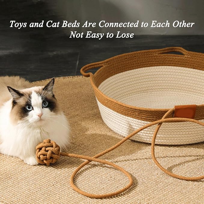Stimulicat Cat Bed, Stimulicat Handwoven Cat Basket, Foldable Round Cotton Rope Cats Beds with Toy Tail and Built-in Scratching Pad, Scratch Resistance Easy to Clean (Gray, Large)