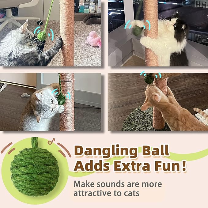 Meowoou Cat Scratching Post with Hanging Ball,23.6 inch Tall Cute Cat Toys for Indoor Cats with Sisal Rope,Palm Decor Cat Tree Tower for Kitten Scratcher Green