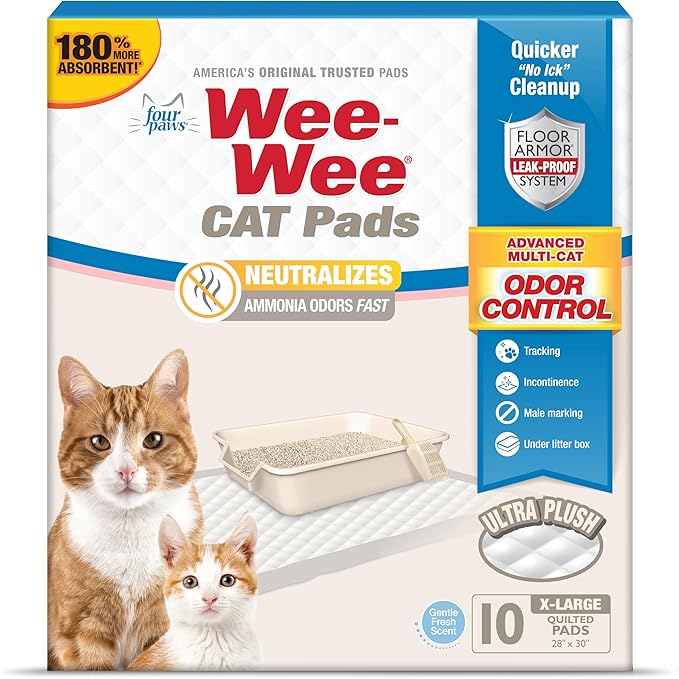 Four Paws Wee-Wee Cat Pee Pads, Disposable Litter Box Mats, Advanced Odor Control, Fast Absorption Box Pee Pads for Litter Tracking, 28" x 30", Fresh Scent, 10 Count