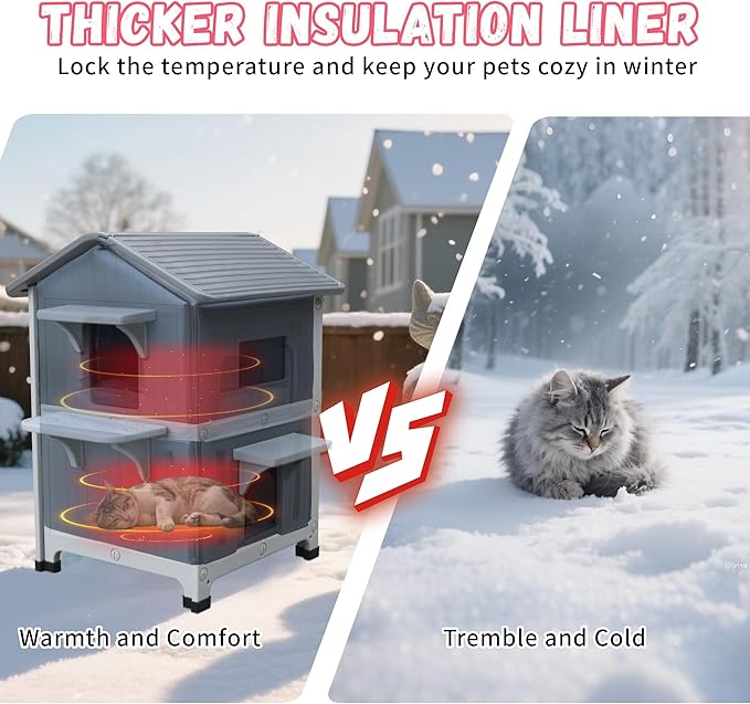 100% Insulated Outdoor Cat Houses for Winter, Waterproof 2 Story Outdoor Cat House with Insulated Liner, Outside Feral Cat Shelter for Outdoor Cats, Easy to Clean-Grey