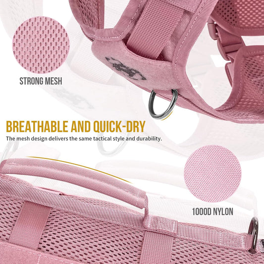 OneTigris Tactical Dog Harness for Small Dog, No Pull Small Dog Vest Harness with Handles Breathable Military Molle Vests for Walking Hiking Training (Pink, Large)