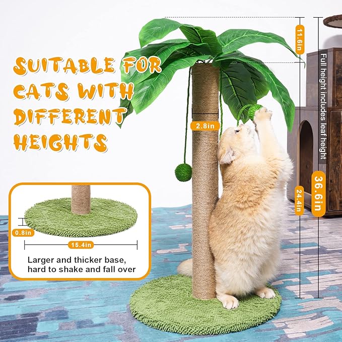 ZooZoo Cat Scratching Post, Cat Coconut Palm Tree for Indoor Kittens with Natural Sisal Scratch Pole Hanging Sisal Ropes and Balls, Cute 27" Tall Cat Scratcher for Cat and Kittens