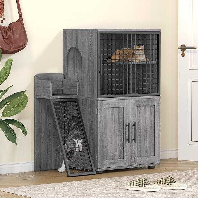 Cat Litter Box Furniture, Modern Cat Cabinet with Side Door, Double Layer Hidden Litter Box Enclosure & Pet House, Villa Style Cabinet with Side Door and Ladder for Indoor Cats