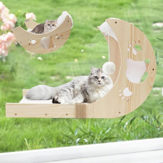 Cat Window Perch with Detachable Ladder-Wodden Cats Bed for Indoor with Double Side Velcro Cat-Mat, Moon CatWindow Seats Mounted with 7pcs Strong Suction Cups for Sleep and Rest