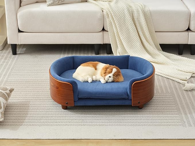 HomSof 26.38" Scandinavian Style Elevated Dog Cat Bed Pet Sofa with Solid Wood Legs and Bent Wood Back with Velvet Cushion,Small Size，Navy+Brown