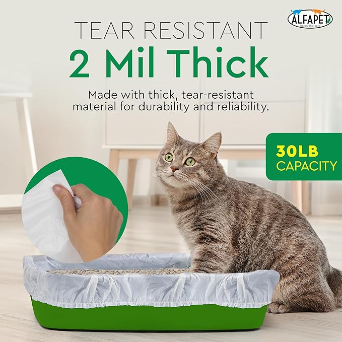 Alfapet Elastic Cat Litter Box Liners - Super Jumbo 5 Count - Tear-Resistant Cat Litter Bags, Waterproof Kitty Litter Liners - Fits Litterbox Pan Sizes X-Giant, Jumbo, 42" x 20" x 2 MIL 30 lb Capacity