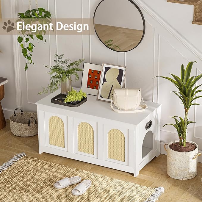 DINZI LVJ Cat Litter Box Enclosure, Flip Top Litter Box Furniture, Rattan-Like Hidden Cat Washroom, Wooden Pet House, End Side Table, 39.4" L x 19.7" W x 19.7" H, Easy to Assemble, White with Rattan