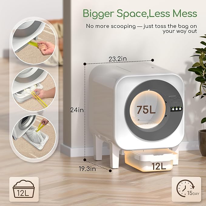 Automatic Cat Litter Box Self Cleaning for Cats | Self Cleaning Litter Box 75L Large Capacity with App Control, Safety Protection, Odor-Free Waste Disposal, Compatible with Multi Cats