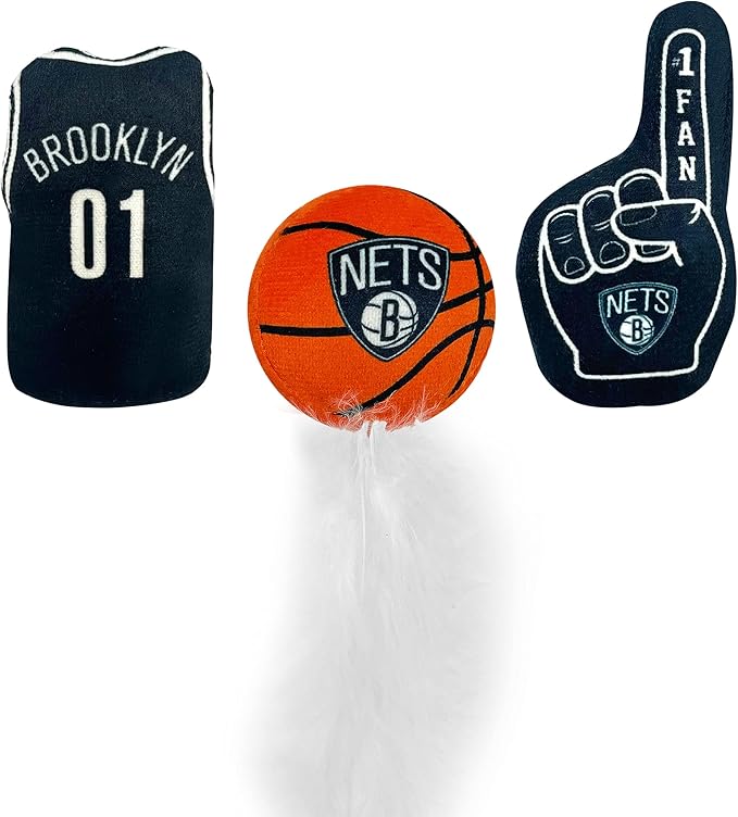Best Plush CAT Toy - NBA Brooklyn NETS Complete Set of 3 Piece Cat Toys Filled with Fresh Catnip. Includes: 1 Jersey Cat Toy, 1 Basketball Cat Toy with Feathers & 1#1 Fan Cat Toy. Beautiful Team Logo