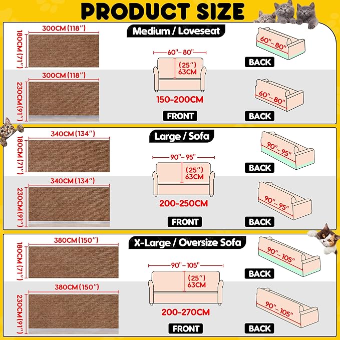 Loiion Cat Scratch Furniture Protector - Anti-Slip, Waterproof Sofa Cover to Keep Cats Off, Pet-Friendly Couch Protectors for 3 Cushion Couch, Anti-Scratch Couch Cover for Pets and Kids 118"X91"Brown