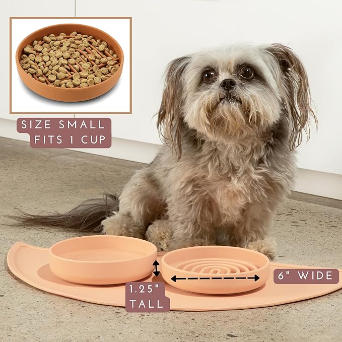The Slowdown Bowl Silicone Slow Feeder for Cats & Dogs, Slow Eating Mealtime Solution with Modern Lick Mat Design, Reduces Gulping, Fits 1 Cup 6” Across x 1.25” Tall, Small-Tan