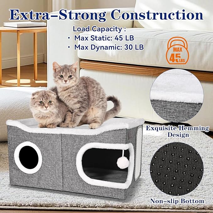 Extra Large Cat Beds for Indoor Cats, Covered Cat Cave Beds & Furniture with Scratch Pad and Fluffy Ball, Foldable Condo Hideaway with Reversible Cushion for Multi Small Pet Large Kittens, Grey
