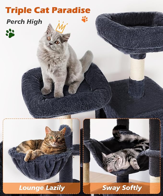 AMHANCIBLE Cat Tree, 70 Inch Tall for Indoor Adult Cats, Large Multi-Level Tower with Scratching Post, Hammock, Condos, Hanging Basket, Activity Center to Play and Sleep, Dark Grey, PT18DG