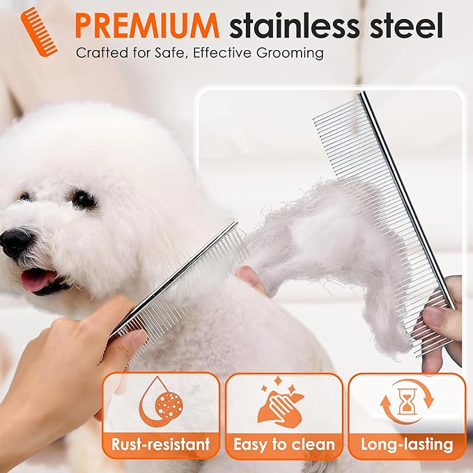 Dog Comb to Remove Tangles and Knots, Cat Comb with Stainless Steel Teeth and Non-Slip Handle, Dog combs for grooming matting for Long Haired Pets (Large & Small)