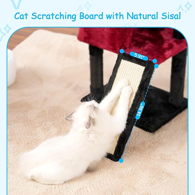 Hey-brother Gothic Cat Tree, 42.5-Inches Cat Tower for Indoor Cats, Plush Multi-Level Kitten Cat Condo with Scratching Post,Ramp, Basket, Spacious Cat Cave, Hanging Ball, Black and Red MPJ007SBR