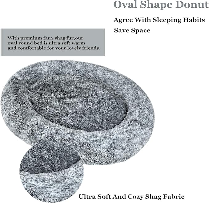 Coohom Oval Calming Donut Cuddler Dog Bed,Shag Faux Fur Cat Bed Washable Round Pillow Pet Bed(30"/36"/43") for Small Medium Dogs (XXL(43"x34"x8"), Grey)
