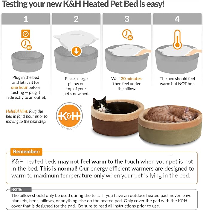 K&H Pet Products Thermo-Kitty Bed Heated Cat Beds for Indoor Cats & Dogs, Calming Warming Pillow Pet Bed, Machine Washable, Removable Heater, Safety Listed - Small 16" Round Sage/Tan