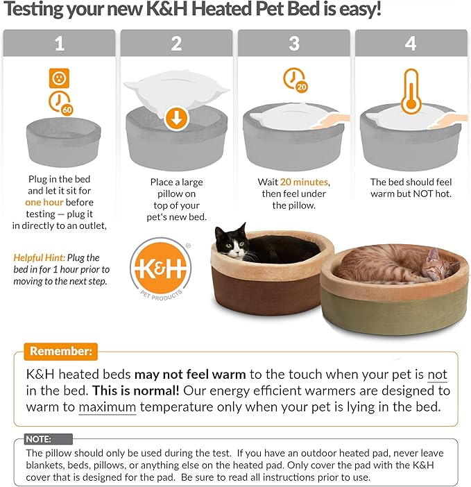 K&H Pet Products Thermo-Kitty Bed Heated Cat Beds for Large Indoor Cats & Dogs, Calming Warming Pillow Pet Bed, Machine Washable, Removable Heater, Safety Listed - Large 20" Round Sage/Tan