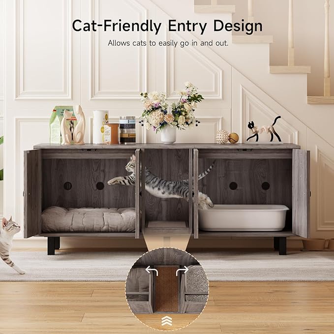 59 Inches Cat Litter Box Enclosure for 2 Cats, Hidden Litter Boxes Furniture with Cat Scratch Pad, Large Indoor Pet House with Double Room, Wooden TV Stand Side Table, Grey