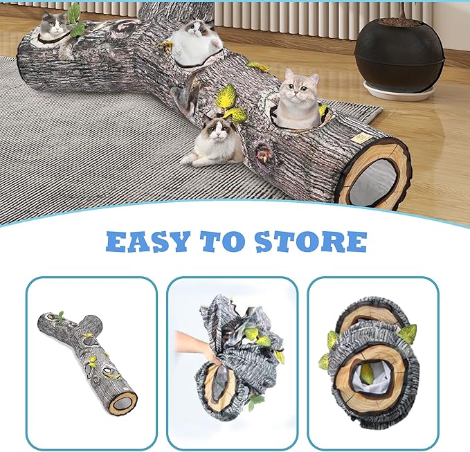 Tree Trunk cat Tunnel，Cat Tunnels for Indoor Cats, Cat Bed Tree Hole Toy with Three Channels and Leaves, Foldable & Easy to Store, Suitable for Cats and Other Small Animals to Chase and Play
