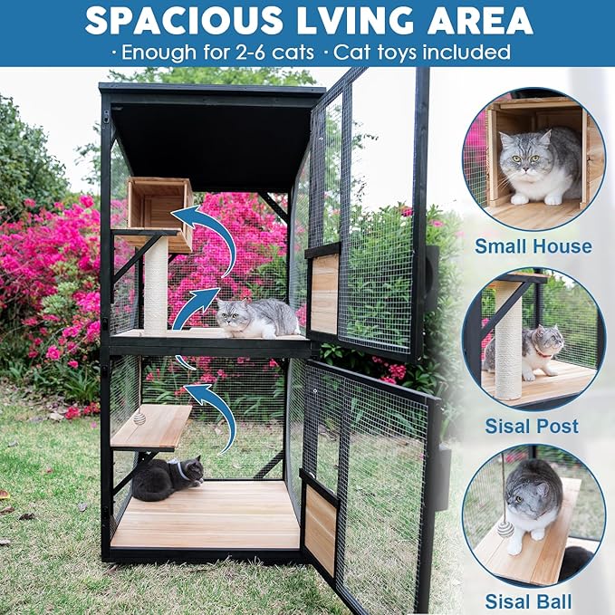 4 Tiers 70.9" H Cat Catio Cat House Outdoor Enclosure Window Large Outside Patio with Removable Floor, Scratching Post Sisal Ball 4 Wheels Waterproof Roof