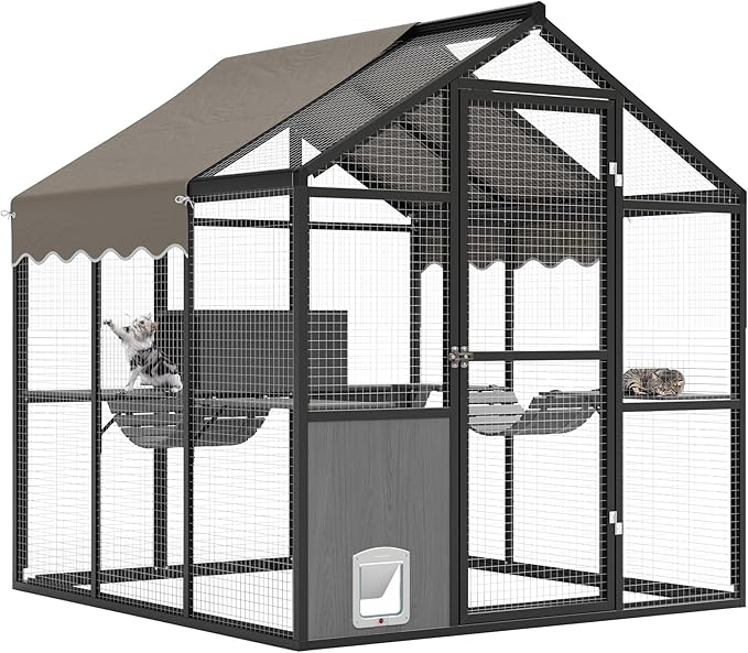 Aluminum Walk-In Large Outdoor Cat Enclosure, Large Outdoor Catio for Multiple Cats, Outside Cattery with Weatherproof Roof with Channels, Side Door, UV Proof Cover, Huge Condo, Platform