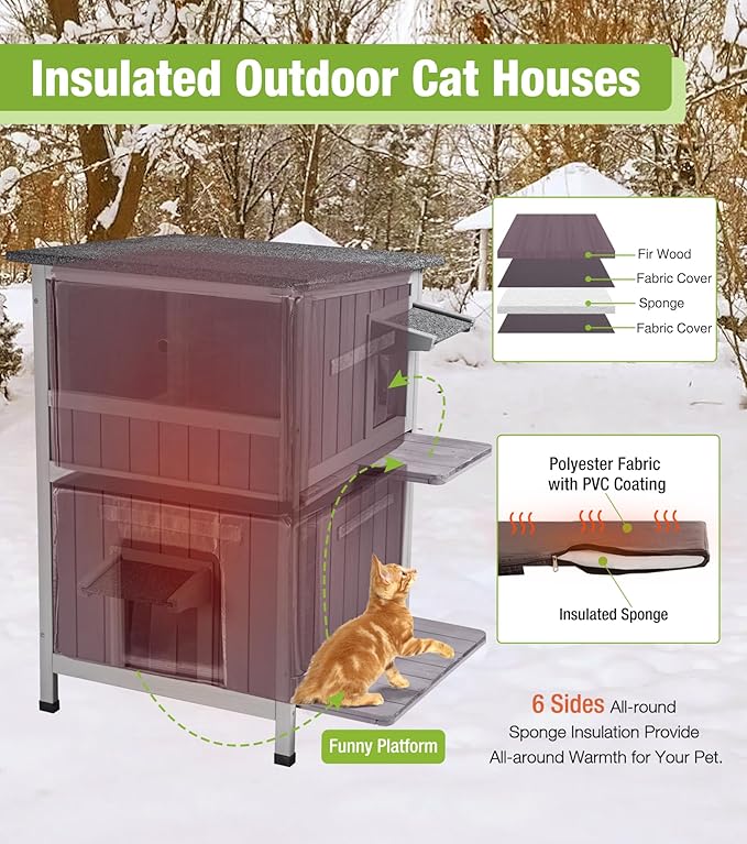 GUTINNEEN Insulated Outdoor Cat House Weatherproof with Insulation Liner for Winter, 2-Story Wooden Feral Shelter with Acrylic Window, Openable Asphalt Roof, Escape Doors
