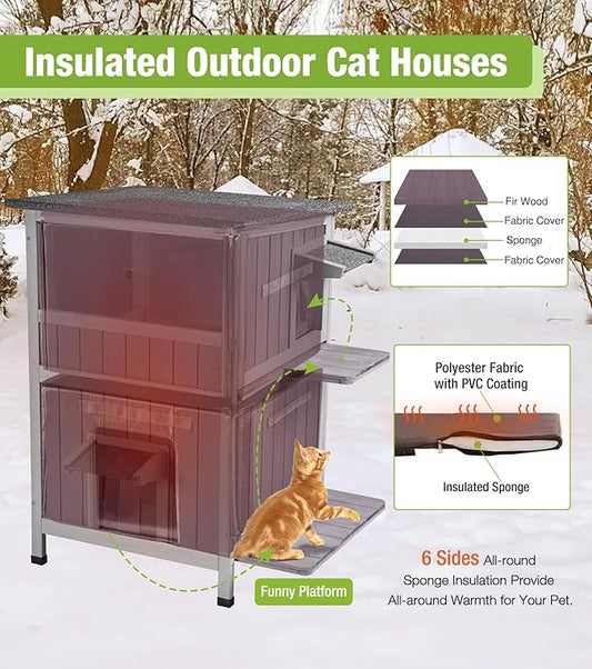 GUTINNEEN Insulated Outdoor Cat House Weatherproof with Insulation Liner for Winter, 2-Story Wooden Feral Shelter with Acrylic Window, Openable Asphalt Roof, Escape Doors