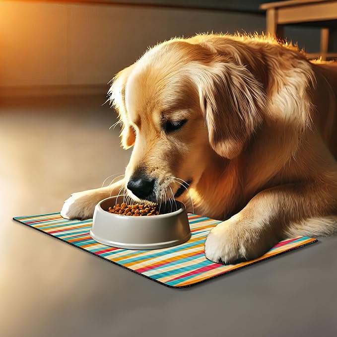 Lunarable Abstract Pet Mat for Food and Water, Colorful Formless Vertical Bands Contrast Tones Spectrum Design, Non-Slip Rubber Mat for Dogs and Cats, 18" X 12", Marigold Peach