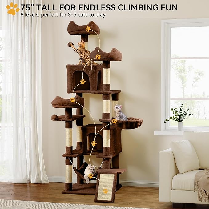 YITAHOME 75-Inch Tall Cat Tree Indoor: Multi-Level Kitten Tower with Kitty Condos, Top Perches, Sisal Ramp, Scratching Posts & Cozy Basket Hammocks Pet Play House Black