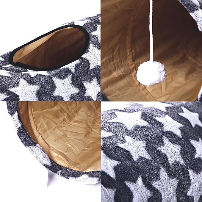LUCKITTY Cat Tunnel -Straight-Shaped, Gray Star Pattern, Soft Velvet Exterior, Oxford Fabric Fog-Proof Interior, Plush Toy Ball, Easily Washable, Conveniently Foldable, 47.2in/120cm