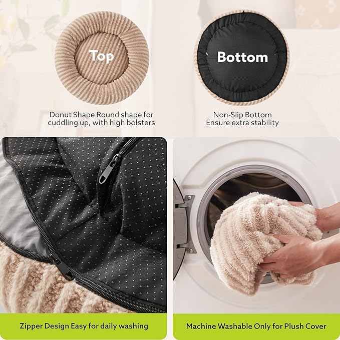 MIXJOY Calming Dog Beds Large Sized Dogs - Washable Donut Large Dog Bed, Round Fluffy Plush Faux Fur Pet Bed with Anti-Slip Bottom, 36"x36"x10", Beige