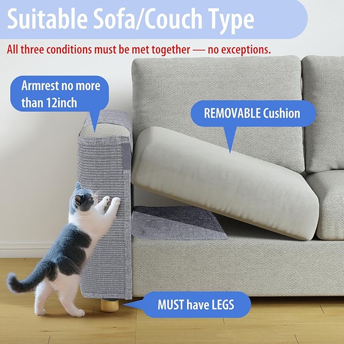 Cat Scratch Couch Protector with Natural Sisal for Protecting Couch Sofa Chair Furniture19.7’’H*23.6’’W(Smoke Gray, Right Hand)