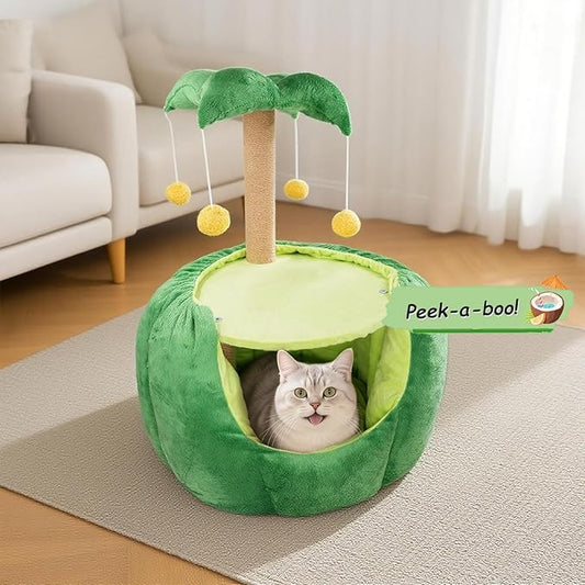Cat Houses for Indoor Cats, Small Cat Tree with Sisal Ropes and Plush Perch, Cute Cat Bed Cave with Soft Pillow, Coconut Palm Design