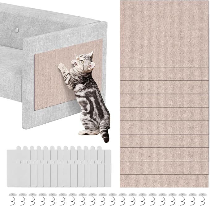 Anti Cat Scratch Furniture Protector, 10 Pack | 11.8" X 15.7" / Per | Self-Adhesive Cat Scratching Mat for Couch, Wall, Door, DIY, Durable, with 40 Twist Pins (Khaki)