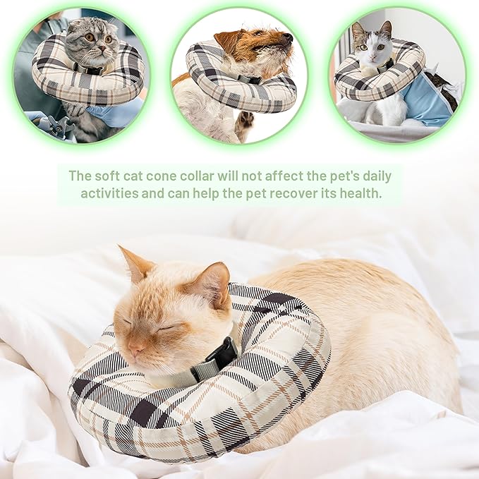 Cat Cone Collar Soft, Adjustable Plaid Elizabethan Cat Recovery Collar After Surgery to Prevent Licking & Scratching Wound, Fits Small Medium Large Cats, Puppy, Small Dogs