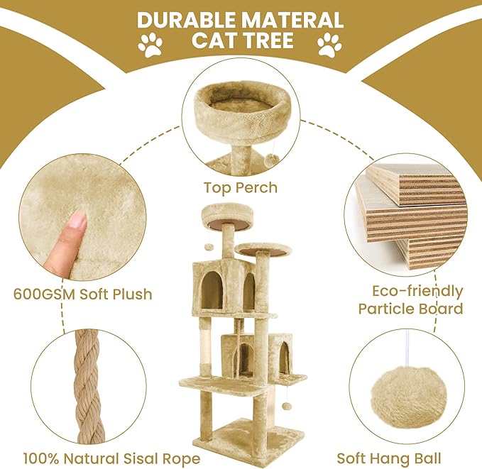 58.5inch Large Cat Tree Tower Condo for Indoor Cats, Soft Plush Multi-Level Climbing Tree Cat House with 1 360° Rotating Cat Cave, Scratching Post, More Entrance/Exit, Sisal Rope, Light Yellow