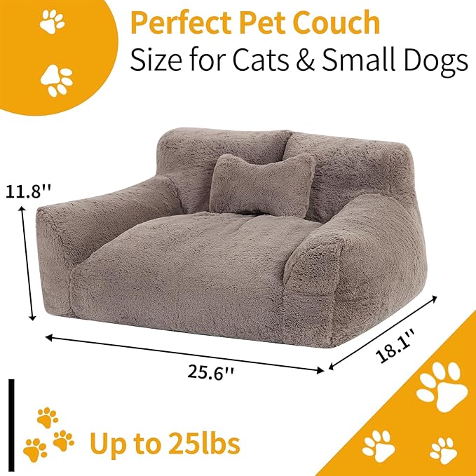Fluffy Cat Couch for Indoor Cats, Small Dog Bed with Bone Shaped Pillow, Anti-Anxiety Pet Bed with Washable Cover, Brown