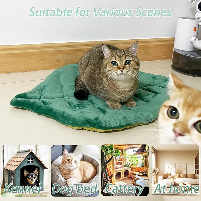 Leaf Shaped Self-Warming Cat Bed Mat – 26"x20" Flannel & Cotton Pet Pad, Warm Pet Cat Mat for Indoor, Soft Kitten Cushion & Puppy Mattress (Green)