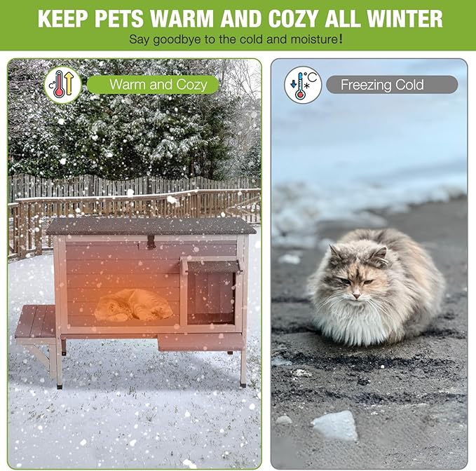 GUTINNEEN Outdoor Cat House Insulated, Weatherproof Feral Cat Shelter with Insulation Liner for Winter, Wooden Elevated Cat Condo for 1-3 Cats, 33.5" L x 21.7" W x 27.2" H (Grey)