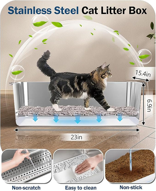 Stainless Steel Sifting Litter Box with Lid, Metal Litter Pan with Scoop for Big Cats Multi Cat, Extra Large Cats Litterbox Odor Control Easy Clean (24 * 16 * 12inch-Side Entry, X-Large)
