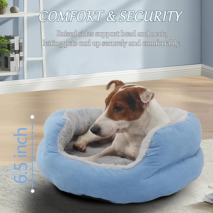 Dog Bed for Small Dogs Round Bed,Kitty Cat Beds for Indoor Cats Washable Cushion Beds Pet Sleeping Kitten Beds Extra Cozy Dog Cuddler Bed for Anxiety Puppy Calming Bed Resistant Bottom,Blue,19 inch