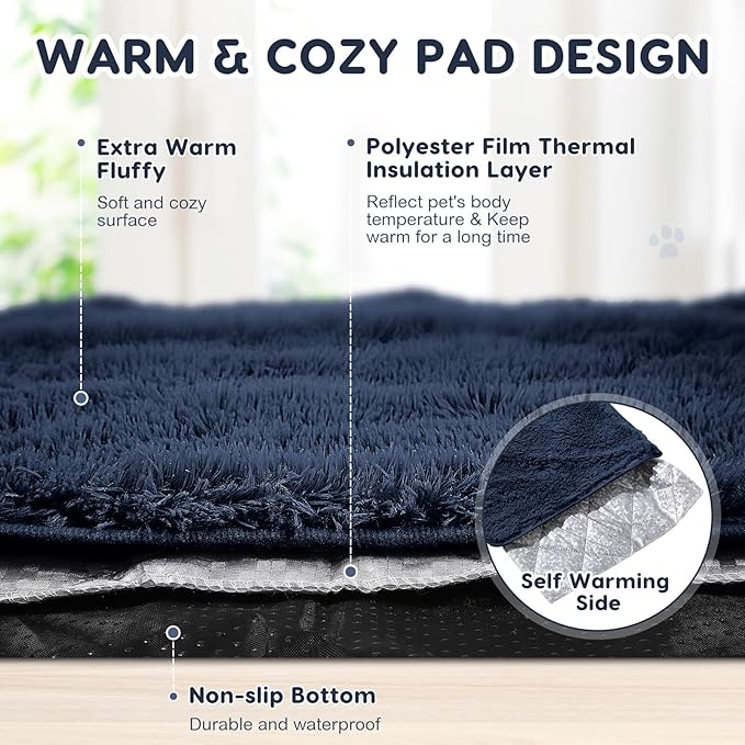 4 Pack Self Warming Cat Bed Pad Self Heating Dog Mat with Fluffy Faux Fur Plush Cat Calming Bed Thermal Mat Washable Pet Pad Anti Slip Bottom for Outdoor Indoor Pets(Navy,16" X 20")